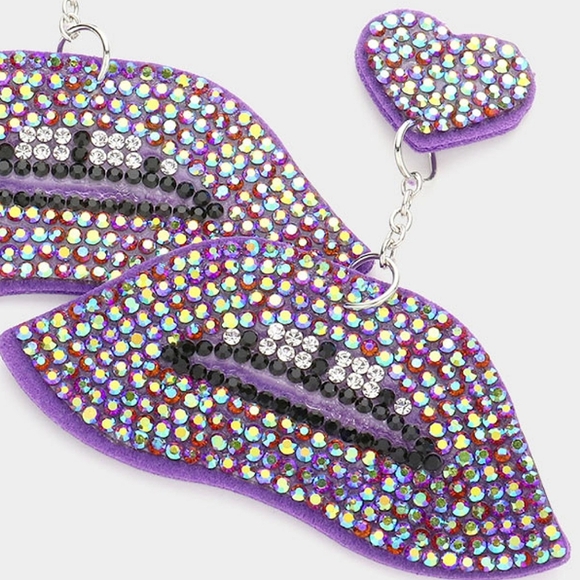 Purple Heart Bling Dangle Lip Earrings Cute Fashion Statement Accessories - Picture 2 of 3